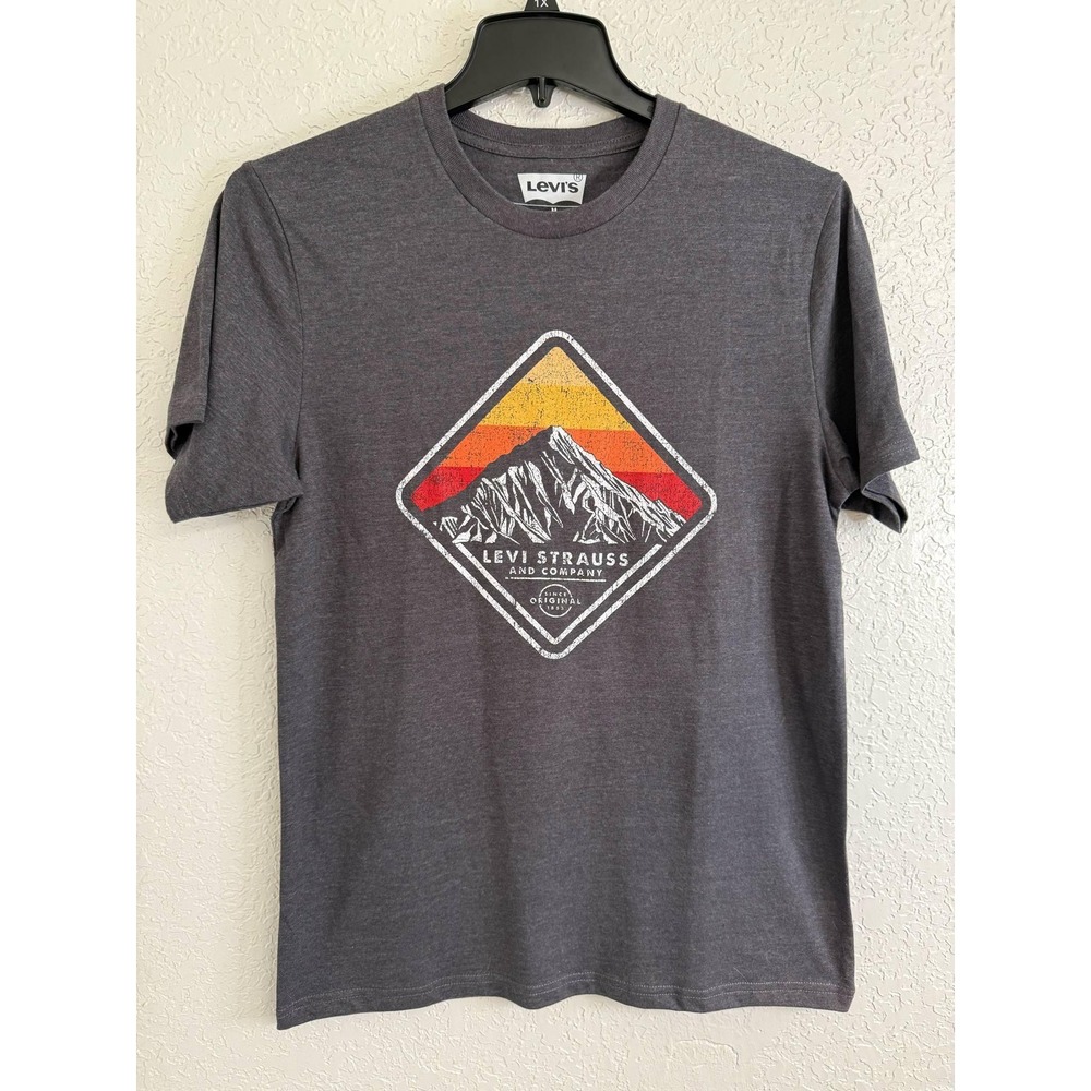 Levi's Mountain Graphic T-Shirt Medium Charcoal Gray Outdoor‎ Tee Retro Sunset